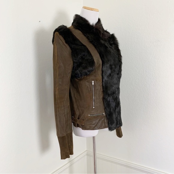 Sachin + Babi Leather Rabbit Fur Silk Jacket Brown Asymmetrical Zip - Picture 7 of 15